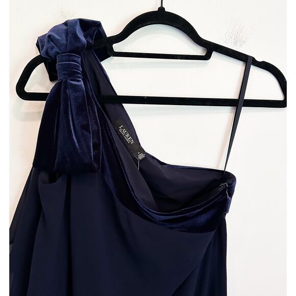 Ralph Lauren Black Label Chiffon Velvet One Shoulder Dress Navy Size 4 - Picture 4 of 9